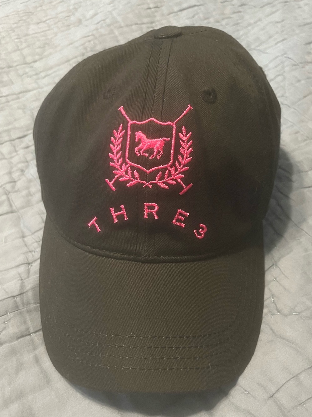 THRE3 Black Baseball Cap with Pink Crest Embroidery